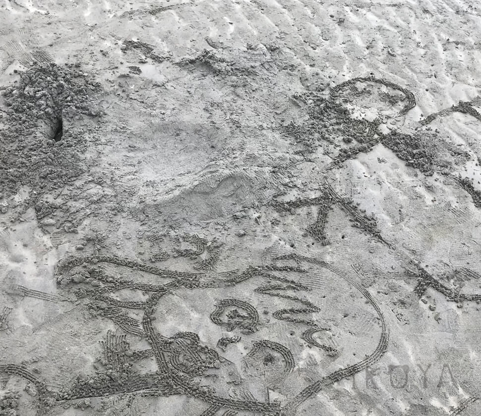 海の砂浜で好きな絵を描いて遊ぶ