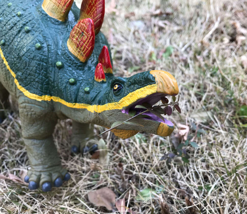 ステゴサウルスのおもちゃが食事中