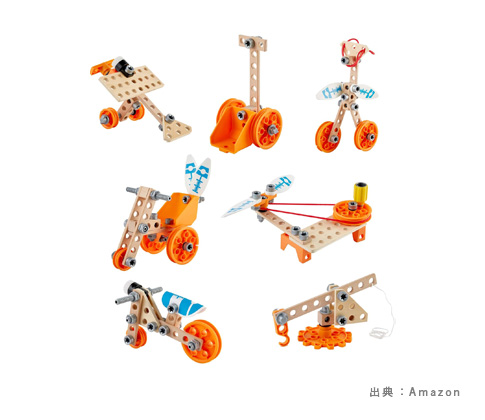 歯車や滑車をボルトでつなぐ、ハペのデラックス実験キットの作品例